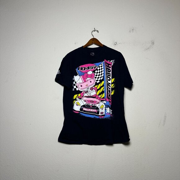 Hello Kitty Tops - Hello Kitty Graphic T Shirt Women L Black Tokyo Japanese Kawaii Race Car Pink